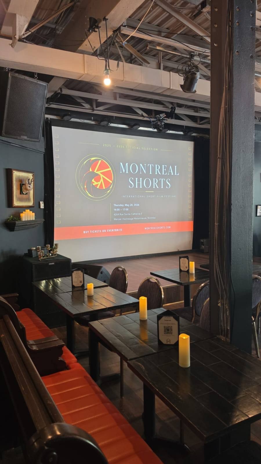Montreal Shorts branded screen at the May 28 2026 screening venue